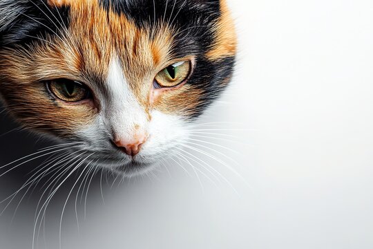 Close-up of calico cat with intense gaze and whiskers - Powered by Adobe