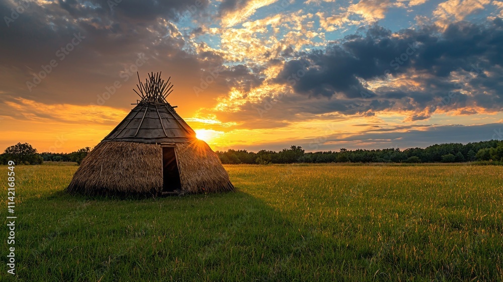 Poster a teepee is in the middle of a field
