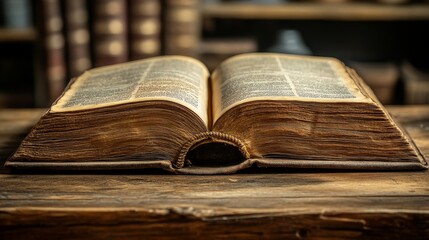 Open Book on Wooden Table in a Cozy Library Setting