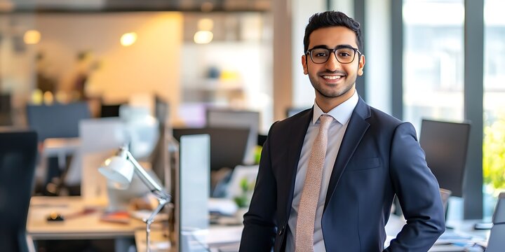 Portrait of a male financial planner standing confidently in an office, preparing investment portfolios for clients