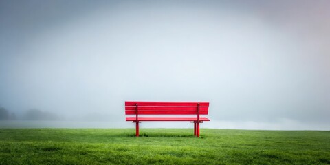 Obraz premium A solitary red bench stands alone in a sea of foggy mist, its vibrant color a stark contrast against the dull grey surroundings , atmospheric, redbench