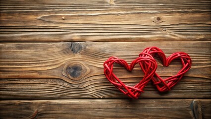 A close-up shot of two intertwined red hearts against a warm wooden background with visible grain and texture , sentimental