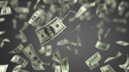 Money Rain, Close-Up Falling 100 Dollar Bills on a Gray Background. Beautiful Seamless looping 3d Animation with a Depth of Field. Ultra HD 4K 3840x2160