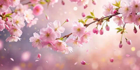 Obraz premium Delicate pink sakura petals falling from a blooming cherry blossom tree against a soft, gradient background with gentle sunlight filtering through leaves, springtime scene, cherry blossoms