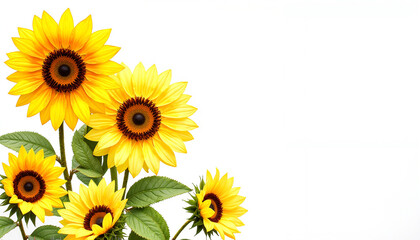 Fototapeta premium Bright sunflowers with green leaves on a white background for copy space and trend concept