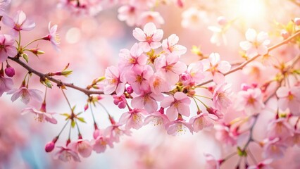 Delicate tender pink cherry blossom branches against a soft white background, with subtle morning light filtering through the delicate petals, blossom, white