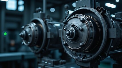 Close-up view of industrial machinery showcasing intricate mechanical details in a workshop