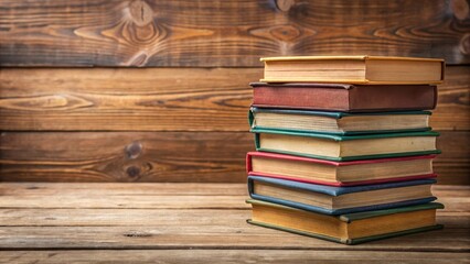 A stack of dictionaries with varying colors and textures, arranged horizontally on a wooden table