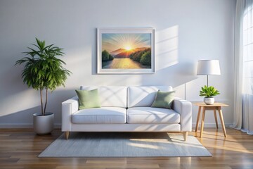 White Living Room Interior Design: Minimalist Cozy Space with White Sofa and Frame