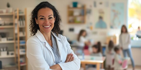 Female child psychologist standing warmly in a family clinic for stock photo
