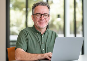 Fototapeta premium Confident man smiling while using laptop in modern office setting
