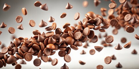 Wide-Angle Chocolate Chip Suspension:  Floating Chips, Sweet Treats,  High-Resolution Food Photography