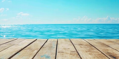 Fototapeta premium Wooden board with the ocean in the background