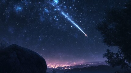 Shooting star over city lights urban nightscape digital art serene environment wide-angle view nature's wonder