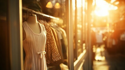 Charming boutique display at sunset urban street fashion photography warm atmosphere side view shopping delight