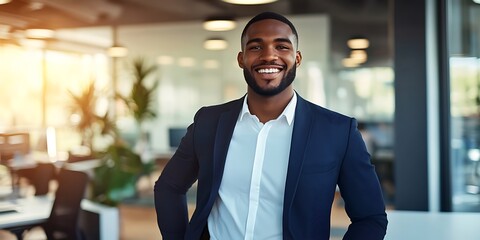 Male HR consultant standing confidently in an office, ready to offer HR solutions, smiling, portrait shot