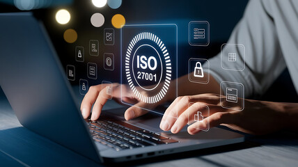 ISO 27001, ISO certification, ISO 27001 certified business, Information security management system. International Organization for Standardization. businessman doing ISO verification on a laptop