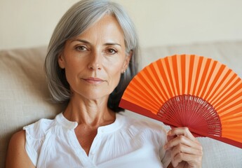 Elegant Mature Woman Holding a Red Fan While Sitting Indoors