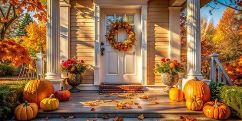 Worm's Eye View: Autumn Porch - White Door, Fall Wreath, Pumpkins