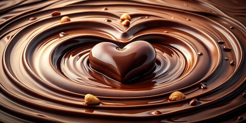 A melted chocolate pool with heart-shaped ripples and a subtle sheen on the surface, surrounded by a scattering of dark chocolate shavings and chopped nuts , indulgence, sweet treat