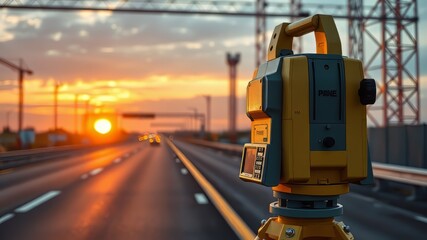 Surveyor Theodolite on Motorway Construction Sunrise - AI Photorealistic