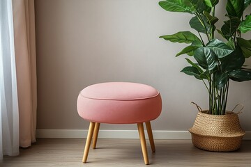 Elegant living room decor with pink ottoman and potted plant