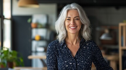 A woman with gray hair is smiling and wearing a blue shirt with a floral pattern