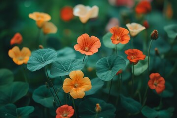 Nasturtium plant with orange flowers growing in the garden, Generative AI