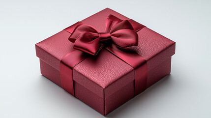 Obraz premium Elegant red Christmas gift box with shiny satin ribbon bow on white background