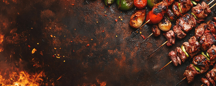 Grilled kebabs with vegetables sizzling over an open flame at a summer cookout