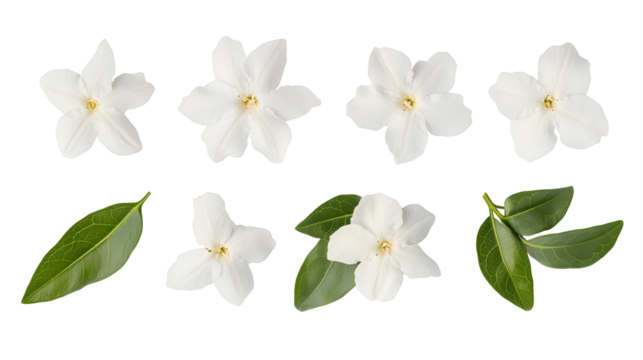 Set of jasmine flowers and leaves isolated on white or transparent background