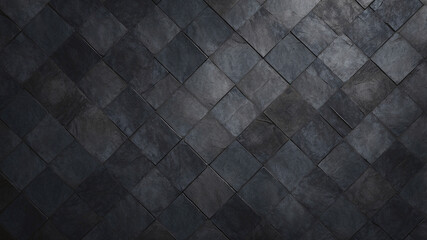An arrangement of dark diamond-shaped tiles forming a sleek and modern geometric textured abstract pattern.