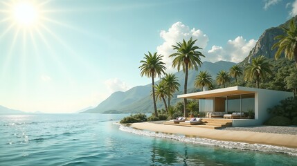 Fototapeta premium Luxury beachfront villa with scenic mountain backdrop near clear waters