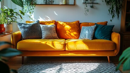Sunlit Yellow Sofa with Decorative Pillows in a Living Room