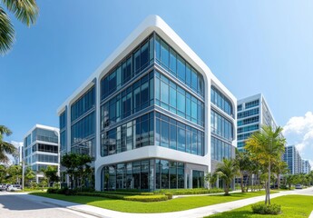 Modern Glass Building Against Clear Blue Sky with Green Landscape