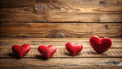 Fototapeta premium Warm red hearts on a rustic wooden background with subtle texture and natural wood grain