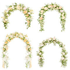 Set of beautiful wedding flower arches, cut out isolated on white backround