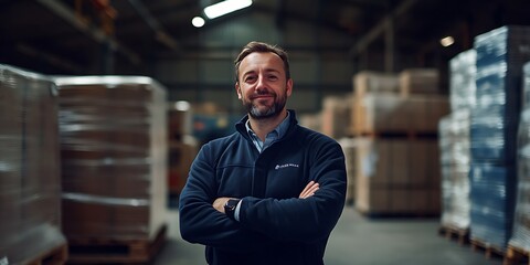 Logistics coordinator standing proudly in a warehouse, overseeing operations with precision