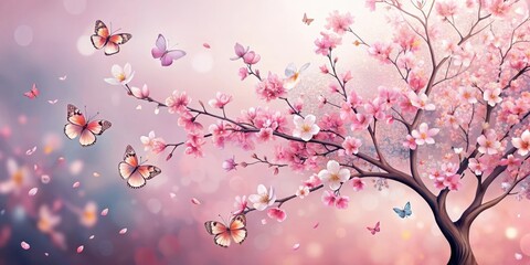 Fototapeta premium Un albero di ciliegio in full bloom with abstract flowers and delicate butterflies fluttering around it, astratto
