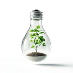 Light bulb with a young green plant growing inside soil, symbolizing environmental sustainability and innovation