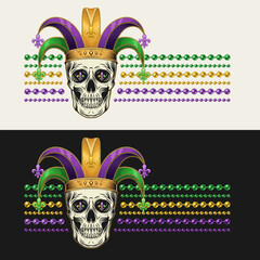 Horizontal striped Mardi Gras label with human skull in jester harlequin hat, fleur de lis symbol, strings of beads. For prints, clothing, t shirt design. Vintage style © OA_Creation