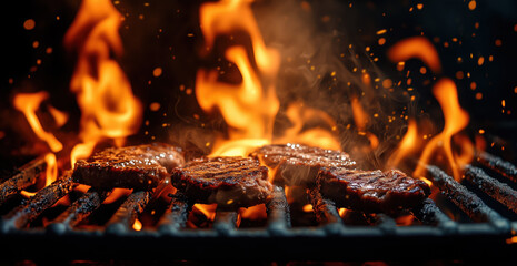 Juicy steaks are searing over a hot grill, surrounded by vibrant flames and smoke, creating an enticing aroma that fills the outdoor space on a warm afternoon. Perfectly grilled steaks sizzling