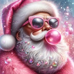 Watercolor portrait of a Santa Claus blowing pink bubble gum white beard Pink sparkly sunglasses