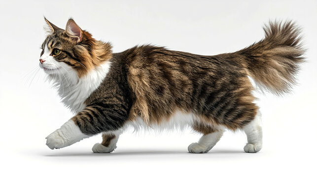 Longhair cat walking on white background.