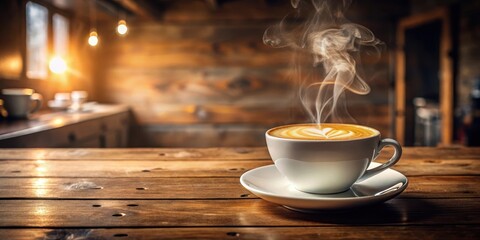 A steaming hot coffee latte on a rustic wooden table in a cozy cafe, cafe, steam,  cafe