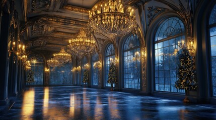 Obraz premium Grand ballroom with Christmas trees, chandeliers, and snowy winter view.
