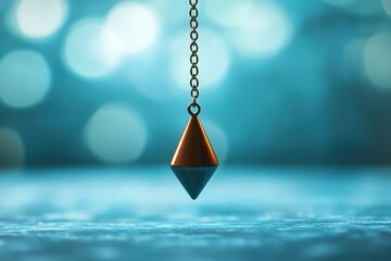 Suspended copper pendulum over blurred blue background