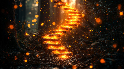 Magical glowing stairs in forest.