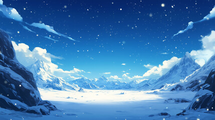 a snowing clean view background, illustration style, game background, deep blue sky