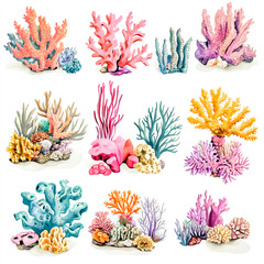 Set of coral reefs, cut out isolated on white backround